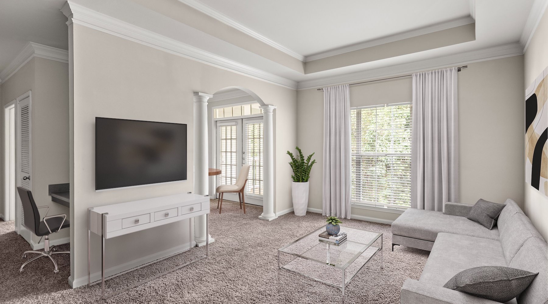 Generous living spaces with beautiful natural lighting Living room with patio, oversized windows, seating, accent rug, and kitchen bar with stools