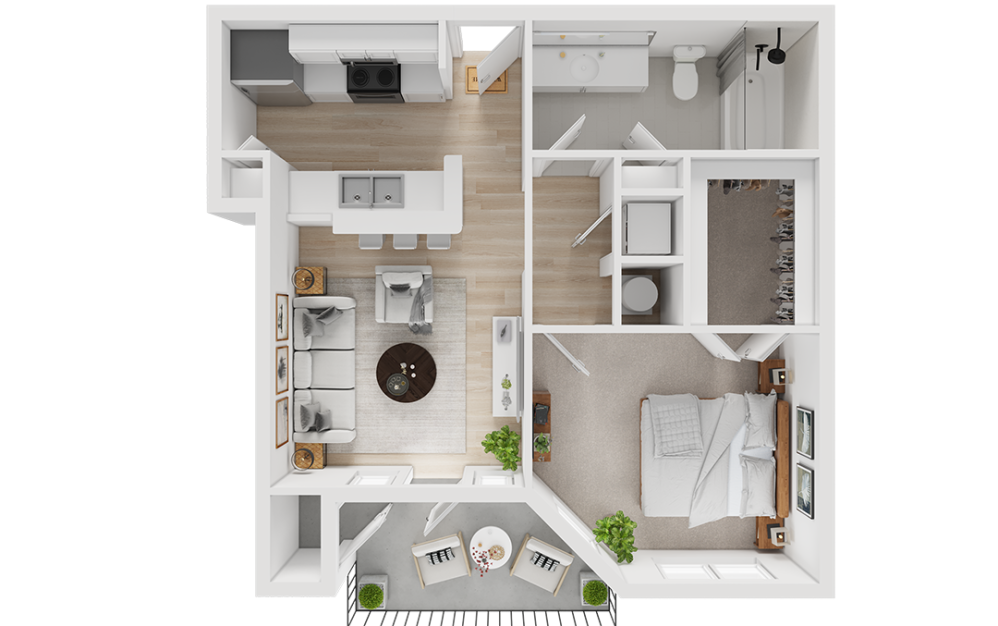 Modern one-bedroom apartment floor plan with open-concept living and kitchen area, spacious bedroom, bathroom, and a cozy balcony.