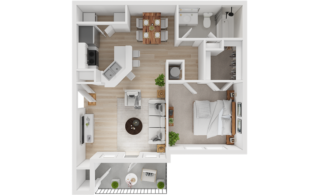 Contemporary one-bedroom apartment floor plan showcasing open-concept living and dining area, modern kitchen, and private balcony.
