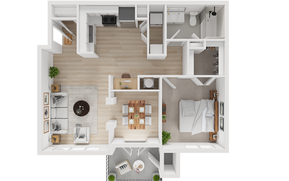 Chic floor plan featuring a cozy 1-bedroom with an open living area, modern kitchen, and a private balcony with outdoor seating.