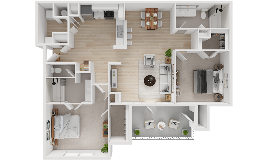 Modern 3D floor plan showcasing two bedrooms, an open-concept kitchen and living area, and a cozy balcony for relaxation.