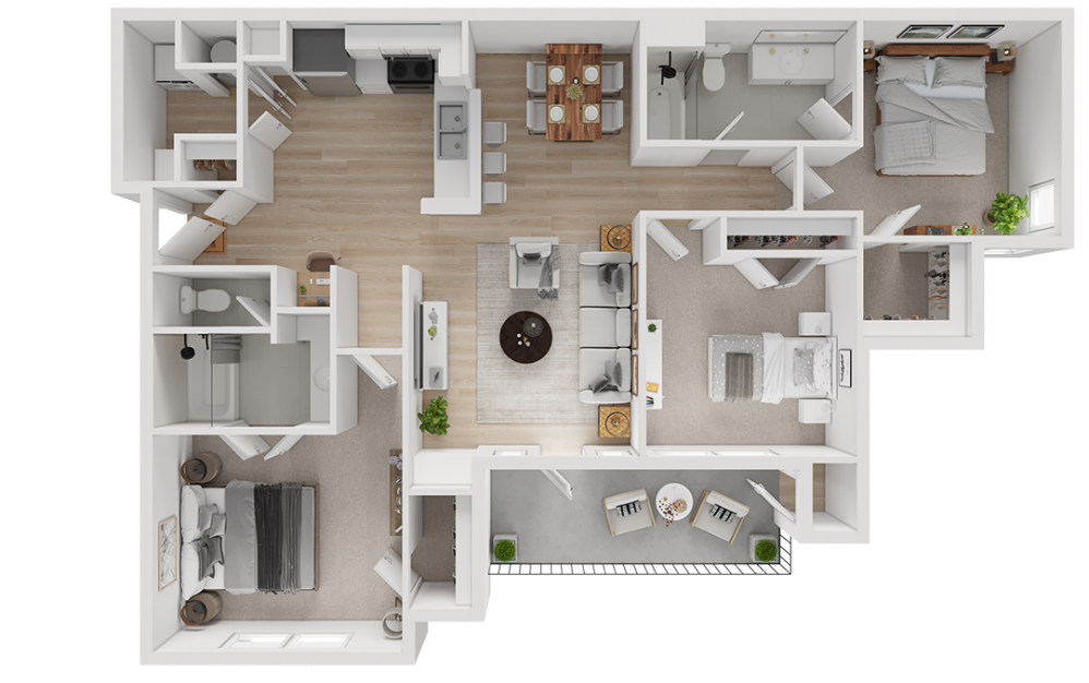 Modern 3D floor plan showcasing a spacious three-bedroom layout with an open living area, elegant kitchen, and cozy balcony.